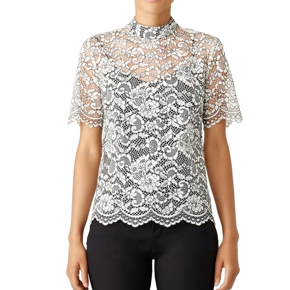 Trina Turk Damita Sakura Blossom Lace Short Sleeve Blouse Black White Size XS
